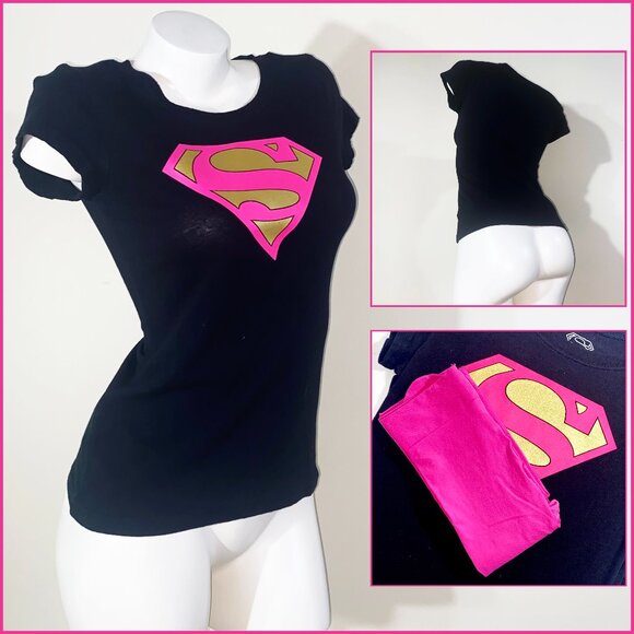 DC COMICS SUPER GIRL PRE-LOVED XL BLACK TEE SHIRT & PINK OPAQUE TIGHTS - Picture 1 of 7